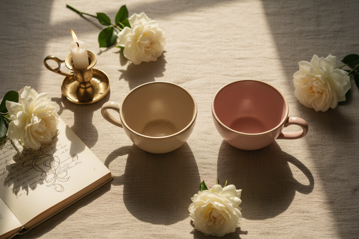 Editorial Pinterest-style flatlay symbolizing harmony and connection — two teacups side by side on a linen cloth, white roses, candlelight, soft natural morning glow, handwritten notes or open book partially visible. Beige and blush tones, warm shadows, refined and cinematic atmosphere evoking intimacy, understanding, and soulful balance.