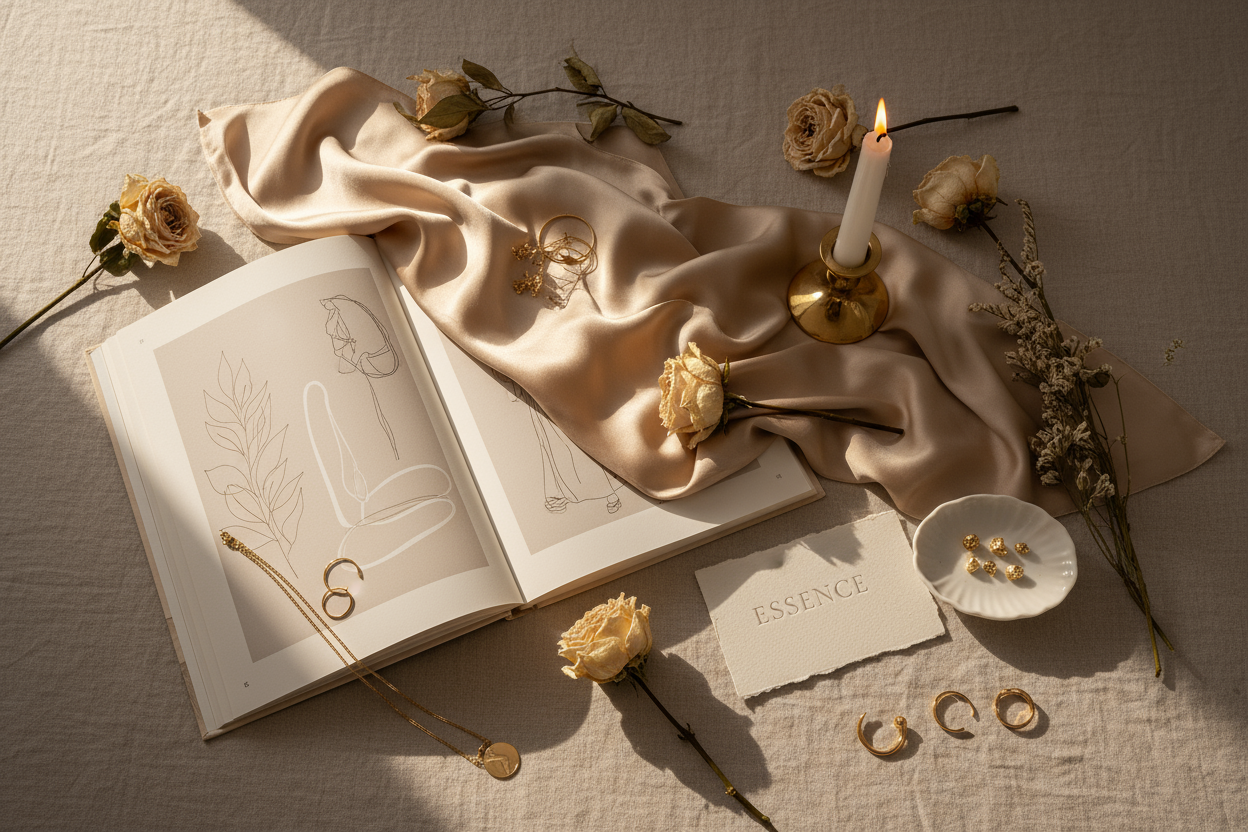 Luxury lifestyle flatlay inspired by fashion editorials — open art book, silk fabric, delicate jewelry, candle, dried flowers, and neutral tones. Soft golden daylight, beige and champagne palette, elegant textures (linen, porcelain, paper), minimalist and refined composition symbolizing beauty, harmony, and personal style essence.