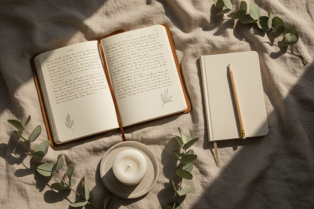 Pinterest-style aesthetic flatlay or lifestyle photograph, soft natural lighting, muted beige and ivory tones, luxury minimalism, elegant textures (linen, porcelain, paper, flowers), cinematic glow, refined magazine aesthetic, warm neutral palette, high detail.
Elegant flatlay of a journal, open notebook, soft pencil, white candle and eucalyptus leaves on linen fabric, beige tones, warm morning light, peaceful and organized aesthetic