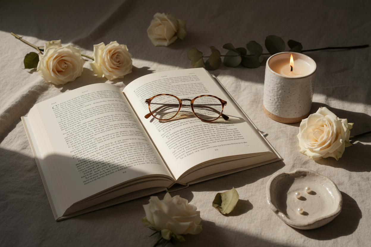 Pinterest-style aesthetic flatlay or lifestyle photograph, soft natural lighting, muted beige and ivory tones, luxury minimalism, elegant textures (linen, porcelain, paper, flowers), cinematic glow, refined magazine aesthetic, warm neutral palette, high detail.
Soft natural light over open book, glasses, and candle, ivory and taupe tones, poetic and reflective ambiance.