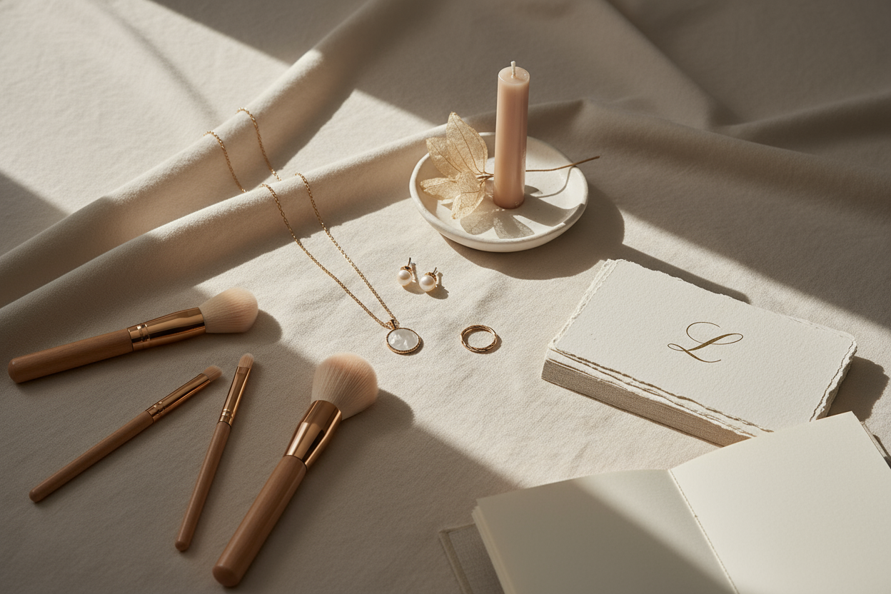 Pinterest-style aesthetic flatlay or lifestyle photograph, soft natural lighting, muted beige and ivory tones, luxury minimalism, elegant textures (linen, porcelain, paper, flowers), cinematic glow, refined magazine aesthetic, warm neutral palette, high detail.
Light beams on white fabric, makeup brushes and delicate jewelry, soft focus and editorial feel, clean luxury mood in beige and champagne