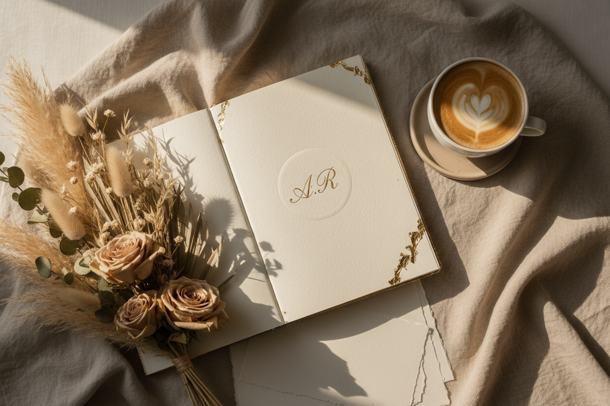 Pinterest-style aesthetic flatlay or lifestyle photograph, soft natural lighting, muted beige and ivory tones, luxury minimalism, elegant textures (linen, porcelain, paper, flowers), cinematic glow, refined magazine aesthetic, warm neutral palette, high detail.
Stylish desk scene with open notebook, embossed initials, gold accents, dried flowers, cappuccino cup and beige linen backdrop, light luxury editorial mood