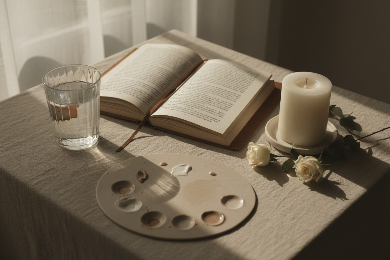Pinterest-style aesthetic flatlay or lifestyle photograph, soft natural lighting, muted beige and ivory tones, luxury minimalism, elegant textures (linen, porcelain, paper, flowers), cinematic glow, refined magazine aesthetic, warm neutral palette, high detail.
Serene workspace — open book, glass of water, candle, white flowers, pale beige palette, evoking introspection and harmony.
