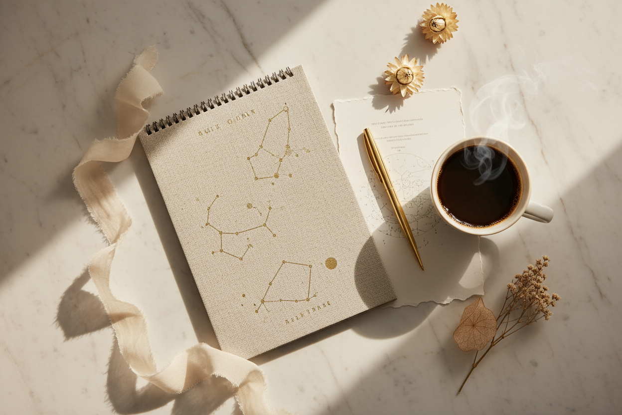 Pinterest-style aesthetic flatlay or lifestyle photograph, soft natural lighting, muted beige and ivory tones, luxury minimalism, elegant textures (linen, porcelain, paper, flowers), cinematic glow, refined magazine aesthetic, warm neutral palette, high detail.
Luxury minimalist composition — folded calendar, silk ribbon, golden pen, cup of coffee, neutral marble background, soft daylight, symbolizing planning and cosmic rhythm.