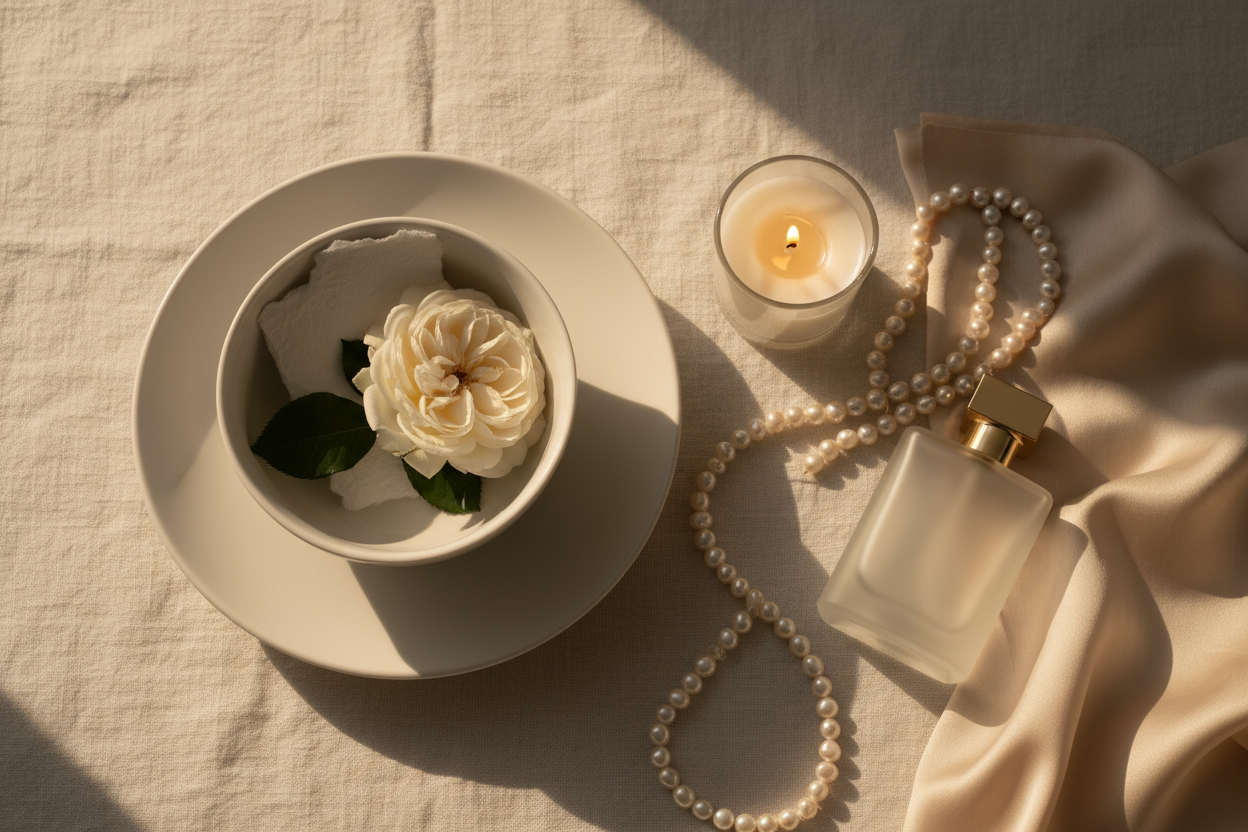 Pinterest-style aesthetic flatlay or lifestyle photograph, soft natural lighting, muted beige and ivory tones, luxury minimalism, elegant textures (linen, porcelain, paper, flowers), cinematic glow, refined magazine aesthetic, warm neutral palette, high detail.
Soft golden light across silk fabric, pearl jewelry, candle and perfume bottle, minimalist aesthetic, warm glowing tones, symbolizing refinement and beauty.