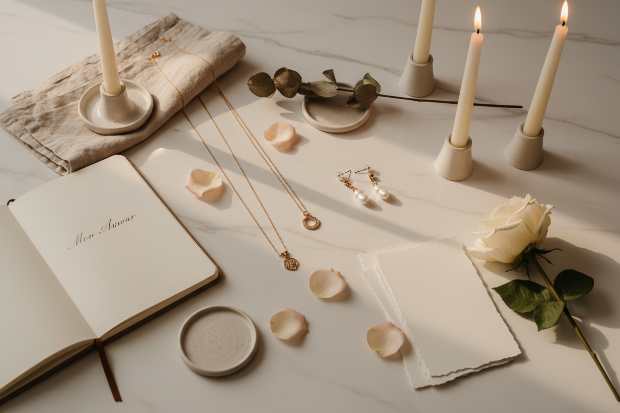 Pinterest-style aesthetic flatlay or lifestyle photograph, soft natural lighting, muted beige and ivory tones, luxury minimalism, elegant textures (linen, porcelain, paper, flowers), cinematic glow, refined magazine aesthetic, warm neutral palette, high detail.
Soft flatlay with paired jewelry on marble, rose petals, open notebook, candlelight glow, luxury romantic mood inspired by Vogue editorials