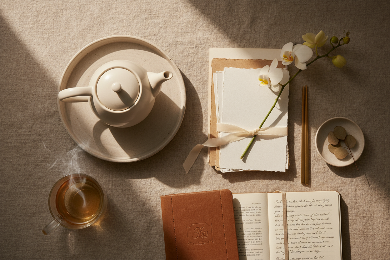 Pinterest-style aesthetic flatlay or lifestyle photograph, soft natural lighting, muted beige and ivory tones, luxury minimalism, elegant textures (linen, porcelain, paper, flowers), cinematic glow, refined magazine aesthetic, warm neutral palette, high detail.
Pinterest-style aesthetic flatlay or lifestyle photograph, soft natural lighting, muted beige and ivory tones, luxury minimalism, elegant textures (linen, porcelain, paper, flowers), cinematic glow, refined magazine aesthetic, warm neutral palette, h