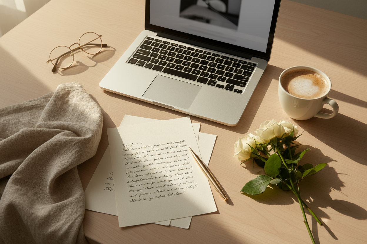 Pinterest-style aesthetic flatlay or lifestyle photograph, soft natural lighting, muted beige and ivory tones, luxury minimalism, elegant textures (linen, porcelain, paper, flowers), cinematic glow, refined magazine aesthetic, warm neutral palette, high detail.
A refined workspace flatlay — laptop, notes, eyeglasses, latte and white roses, sunlight on soft fabric, aesthetic modern career vibe with golden tones.