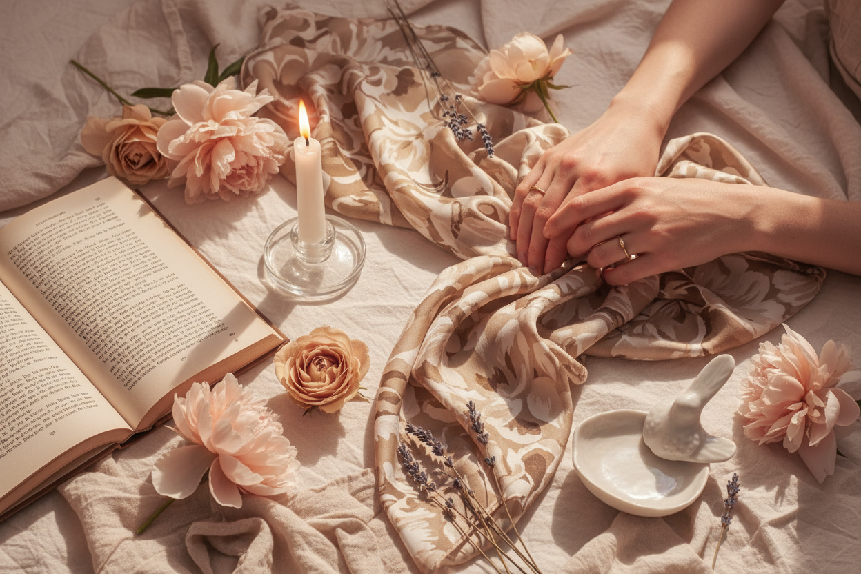 Pinterest-style aesthetic flatlay or lifestyle photograph, soft natural lighting, muted beige and ivory tones, luxury minimalism, elegant textures (linen, porcelain, paper, flowers), cinematic glow, refined magazine aesthetic, warm neutral palette, high detail.
Warm golden-pink flatlay — intertwined hands, silk scarf, candle flame, open poetry book, soft-focus and refined romantic aesthetic.
