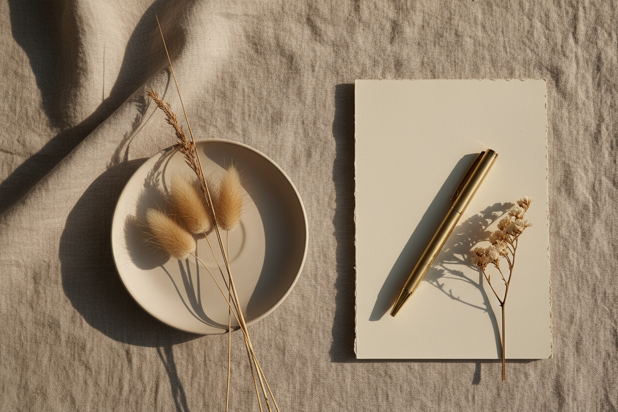 Pinterest-style aesthetic flatlay or lifestyle photograph, soft natural lighting, muted beige and ivory tones, luxury minimalism, elegant textures (linen, porcelain, paper, flowers), cinematic glow, refined magazine aesthetic, warm neutral palette, high detail.
Warm dawn light on linen fabric, minimal elements like dried grass, pen and notebook, calm cinematic tone, introspective and timeless