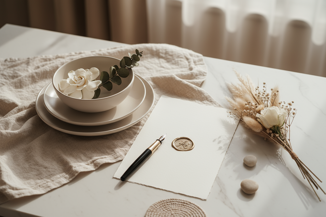 Pinterest-style aesthetic flatlay or lifestyle photograph, soft natural lighting, muted beige and ivory tones, luxury minimalism, elegant textures (linen, porcelain, paper, flowers), cinematic glow, refined magazine aesthetic, warm neutral palette, high detail.
Elegant minimal photo with embossed paper, wax seal, pen, subtle shadows on marble, delicate editorial sophistication